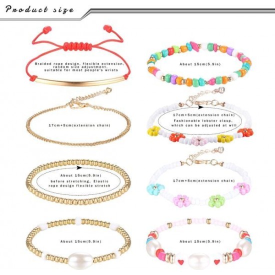 8Pcs Beaded Stretch Y2K Bracelets For Women Handmade Lobster Clasp Beaded Bracelets Pearl Flower Rainbow Elastic Adjustment Bracelet Beach Summer VSCO Bracelet Set